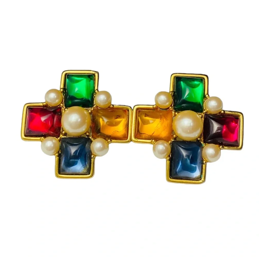 Vintage Monet Multicolor Glass Gripoix Maltese Cross Earrings Pearl‎